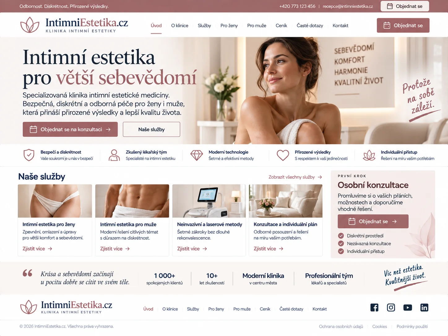 Ilustrační návrh odborného webu IntimniEstetika.cz v jemné růžové a tmavě modré paletě